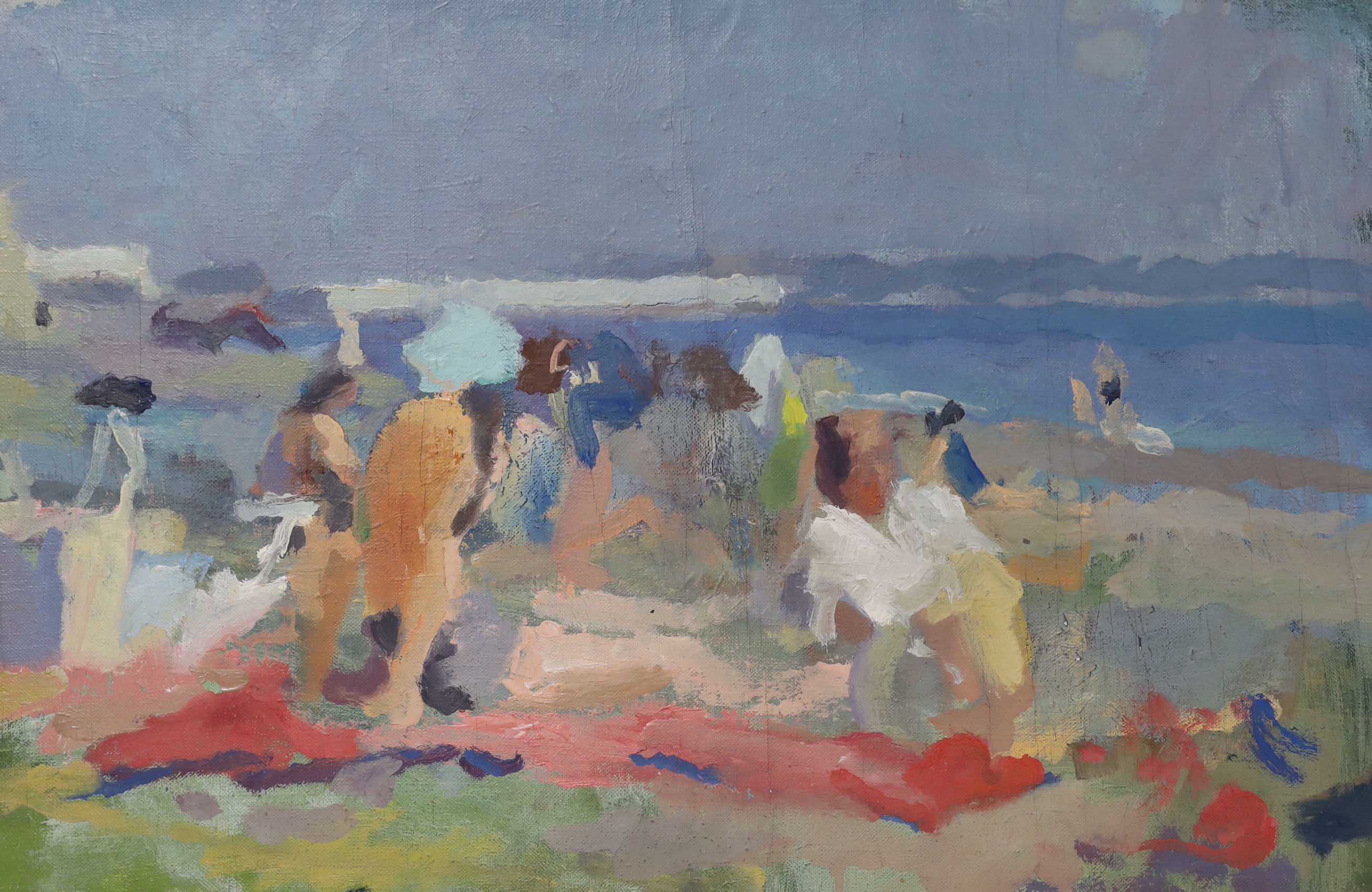 John Harvey (b.1935), oil on canvas, Figures on the beach, artist stamp verso, 30 x 46cm, unframed